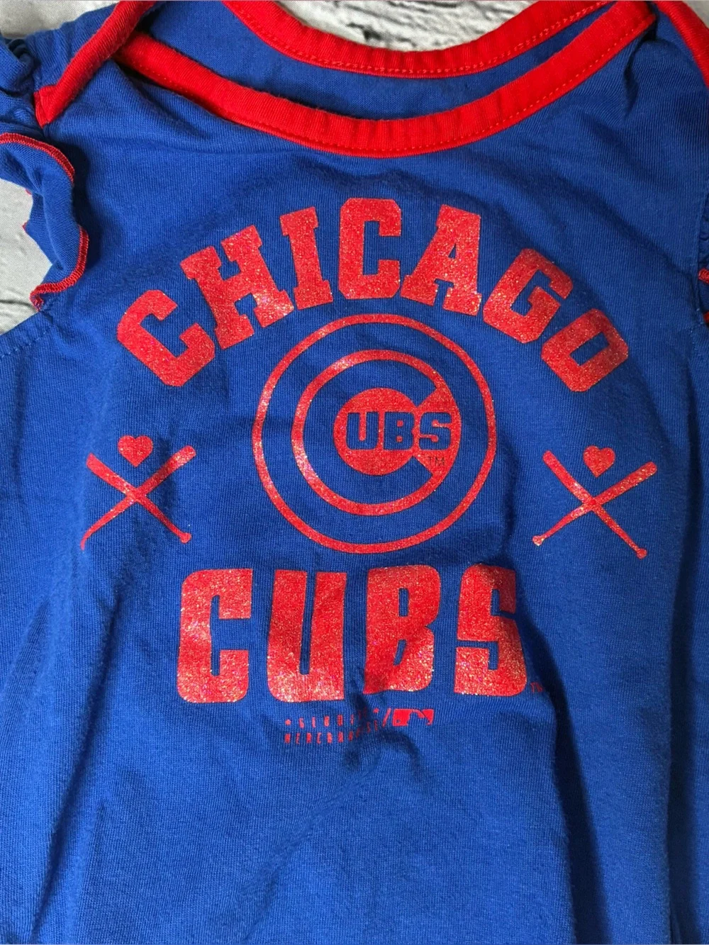 5/$20 MLB Chicago Cubs Baseball Baby Girls One Piece Glitter Logo 12M Blue Red